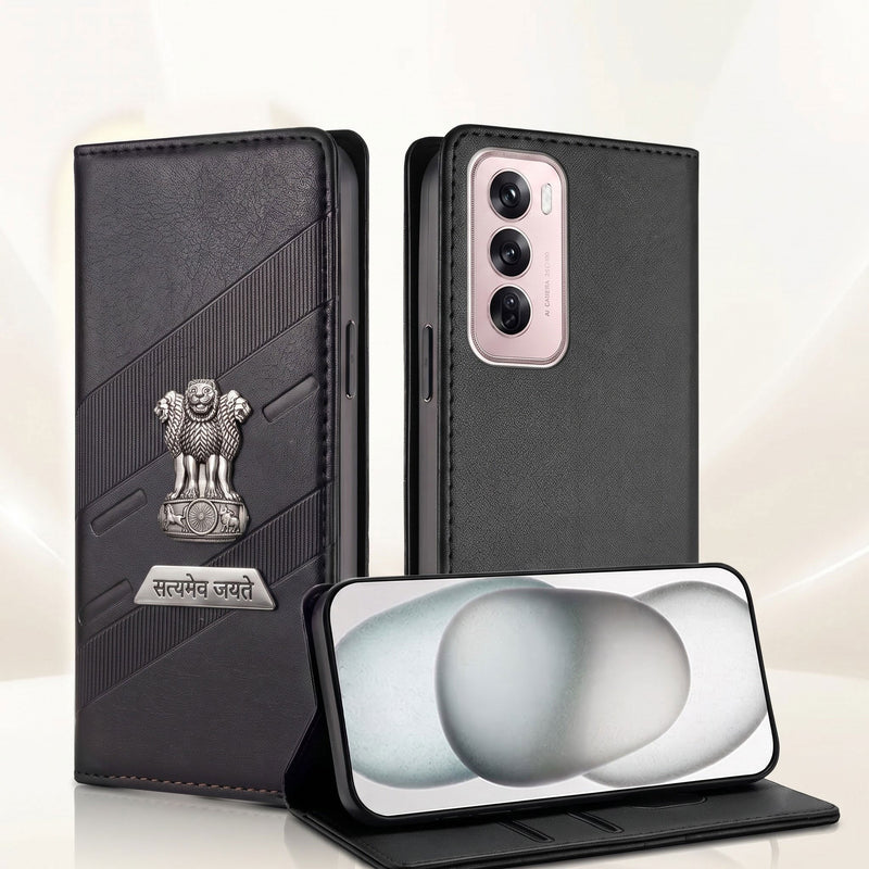 Oppo Reno 12 Pro 5G Metal Satyamev Jayate 2-in-1 Emblem Magnetic Flip Wallet Case