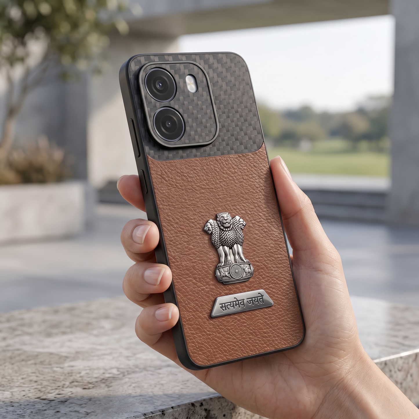 Oppo K14 5G Satyamev Jayate 2-in-1 Emblem Carbon Fiber Leather Phone Case
