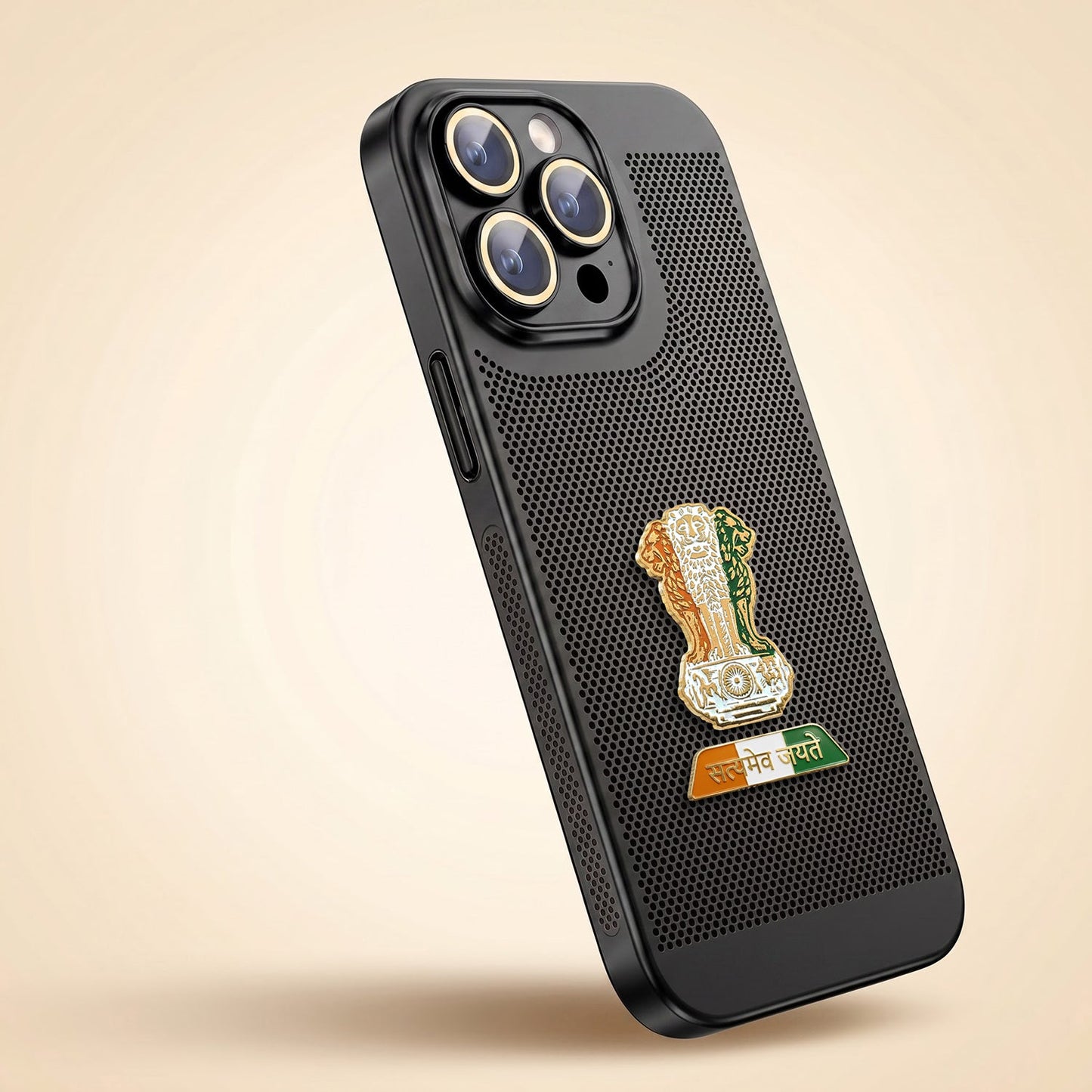 iPhone 16 Pro Max 5G Tri-Color Satyamev Jayate Mesh Electroplated Heat Dissipation Case