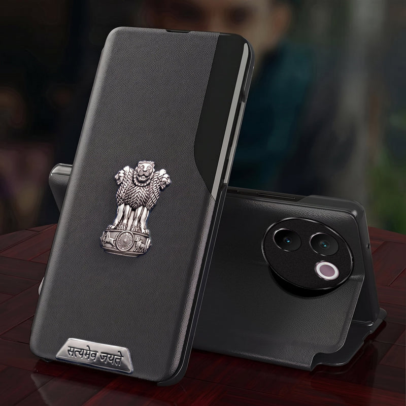 Vivo V30e 5G Metal Satyamev Jayate 2-in-1 Emblem Half-Window Leather Flip Case