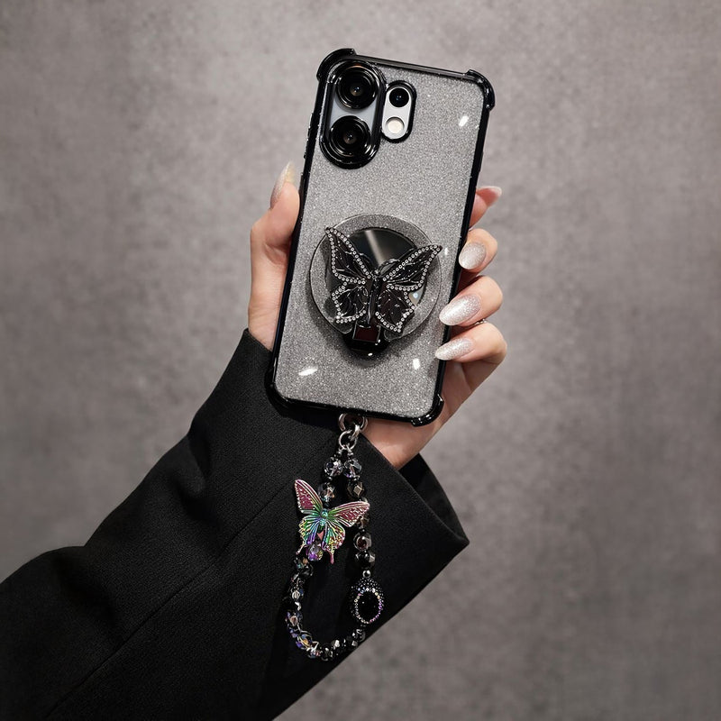 Vivo V60 5G Shockproof Shimmer Butterfly Stand Case with Charm Strap