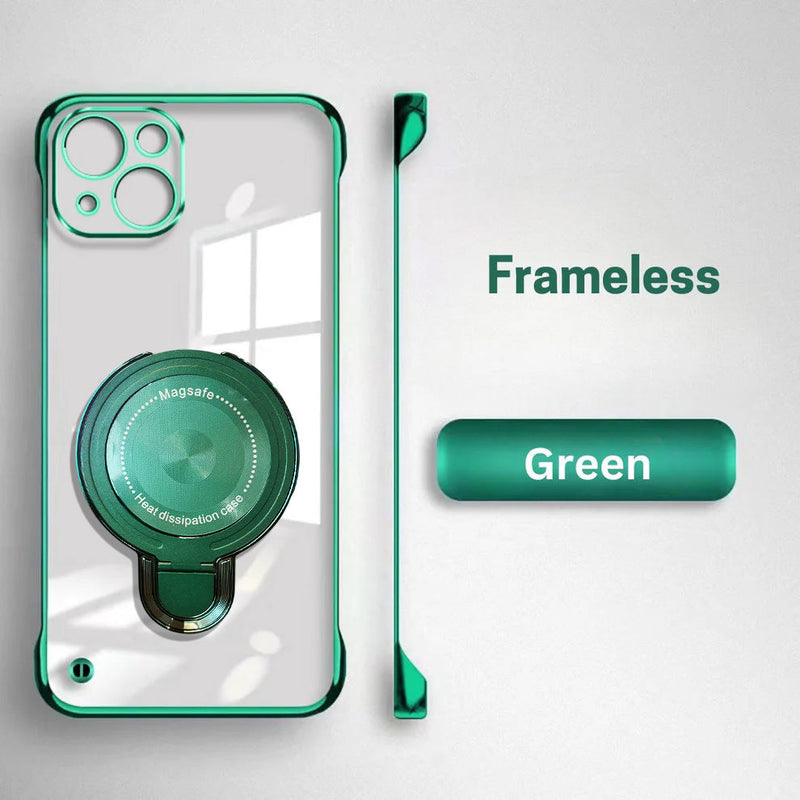iPhone 15 Plus Green frameless phone case with MagSafe ring on a light gray background