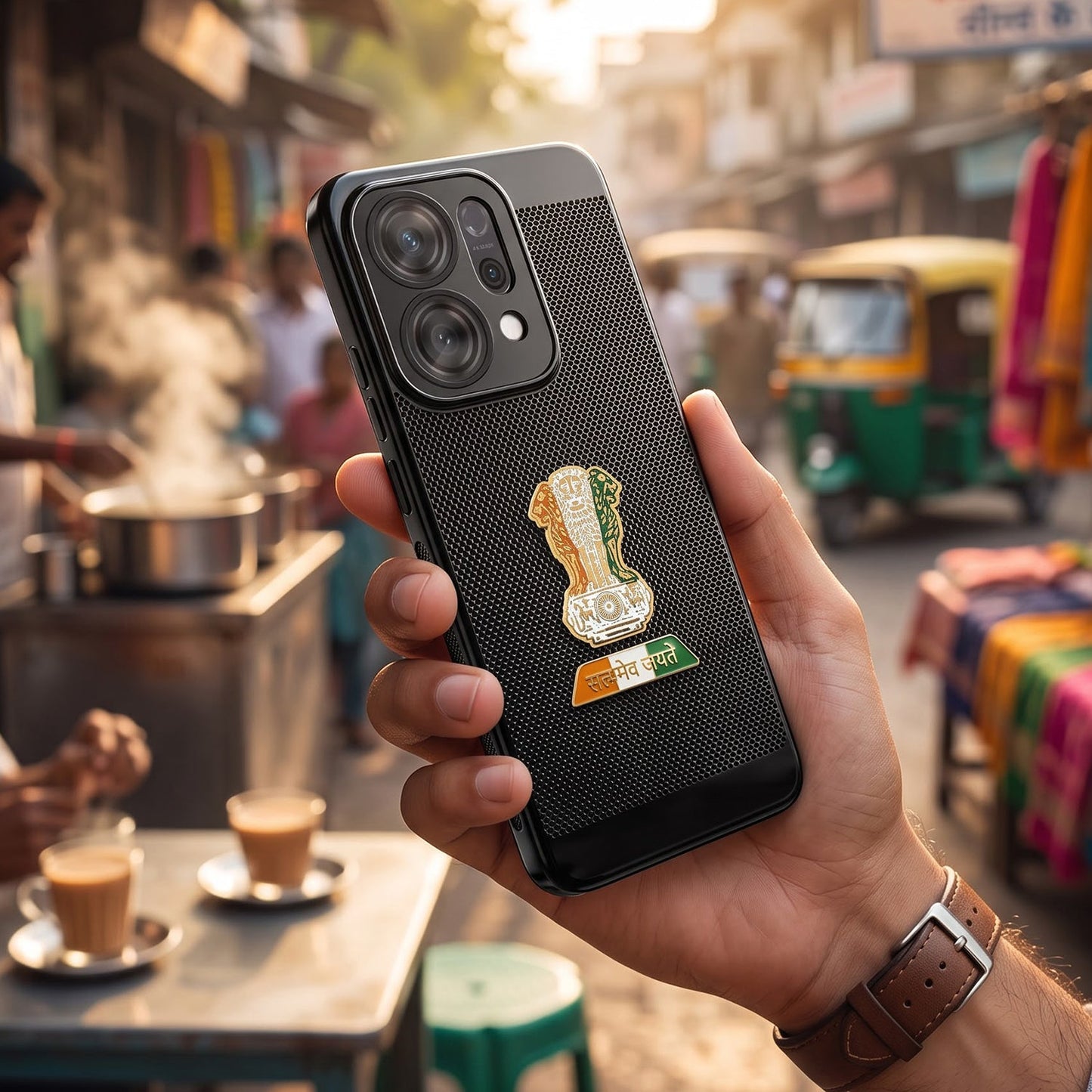 Oppo Reno 14 5G Tri-Color Satyamev Jayate Mesh Electroplated Heat Dissipation Case