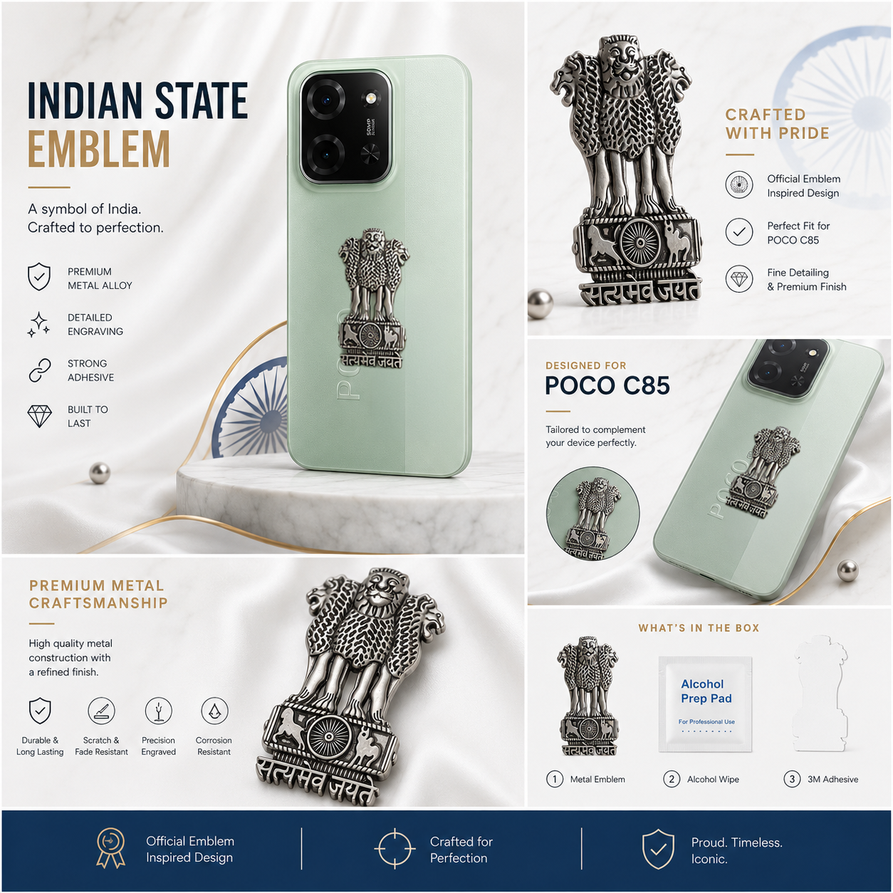 POCO C85 5G Compatible Satyamev Jayate 3D Metal Emblem Sticker