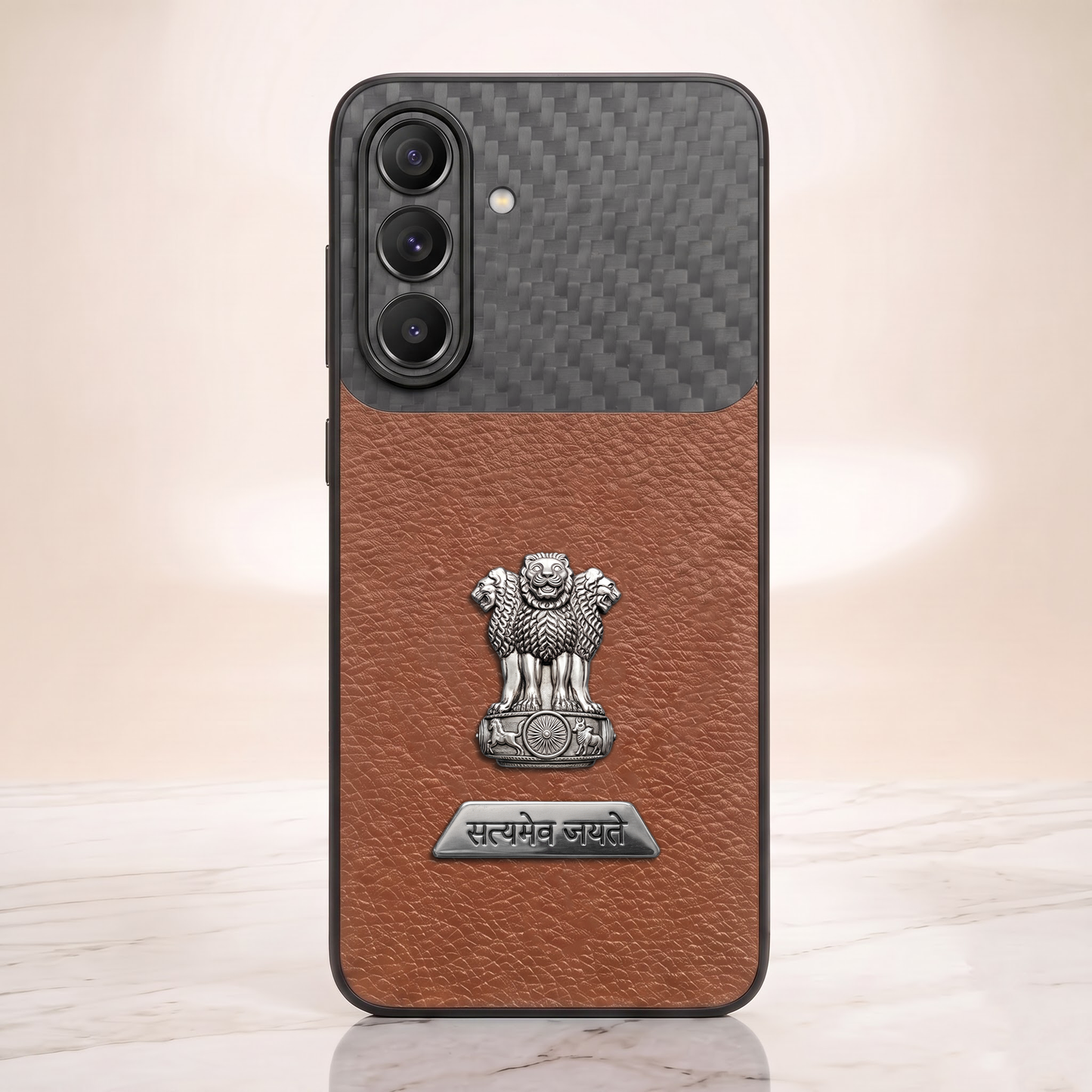 Samsung Galaxy A57 5G Satyamev Jayate 2-in-1 Emblem Carbon Fiber Leather Phone Case