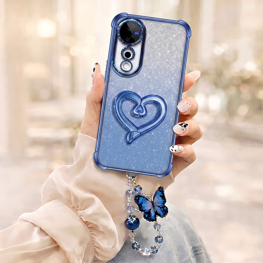 Vivo V40 Pro 5G Luxury Shimmer Airbag Heart Stand Case with Charm Strap