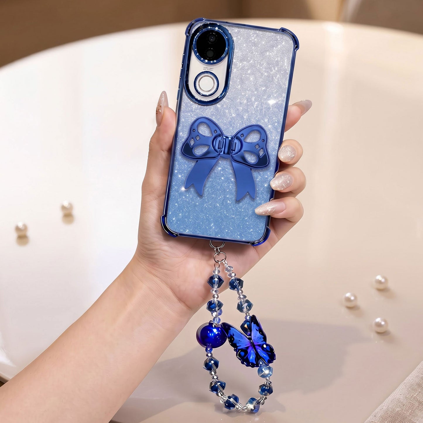 Vivo V50 5G Luxury Shimmer Airbag Bow Stand Case with Charm Strap