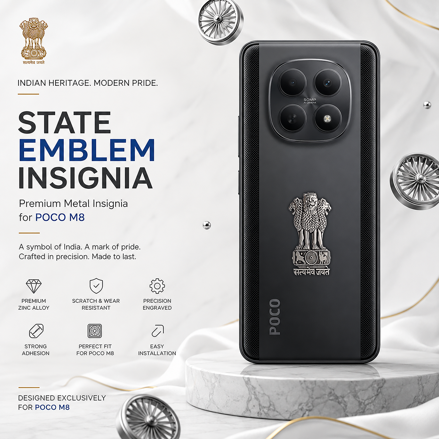 Poco M8 5G Compatible Satyamev Jayate 3D Metal Emblem Sticker