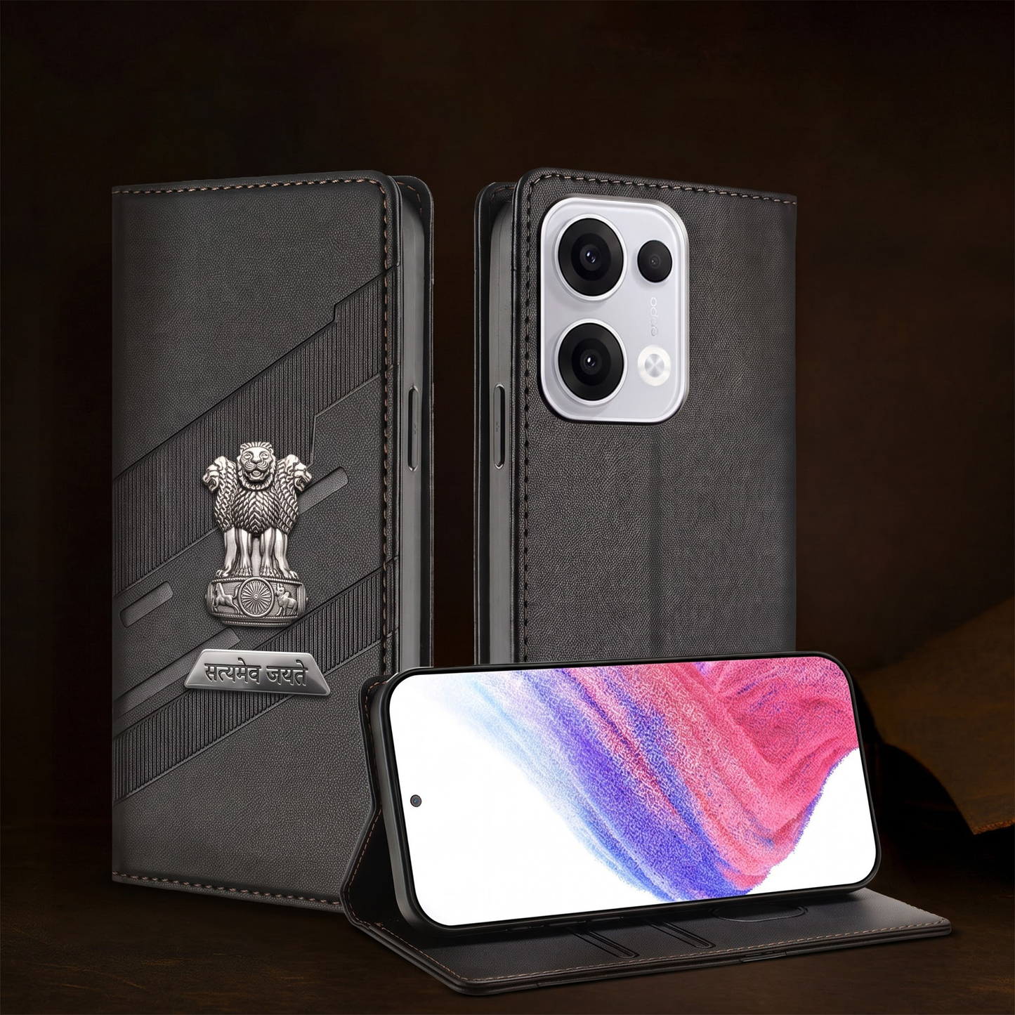 Oppo Reno 13 5G Metal Satyamev Jayate 2-in-1 Emblem Magnetic Flip Wallet Case