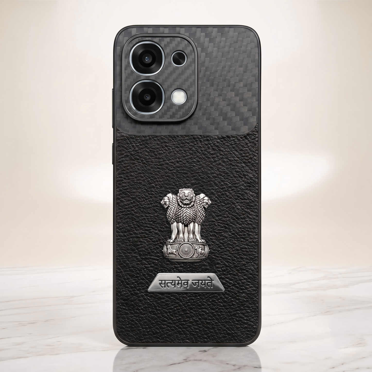 Oppo F31 5G Satyamev Jayate 2-in-1 Emblem Carbon Fiber Leather Phone Case