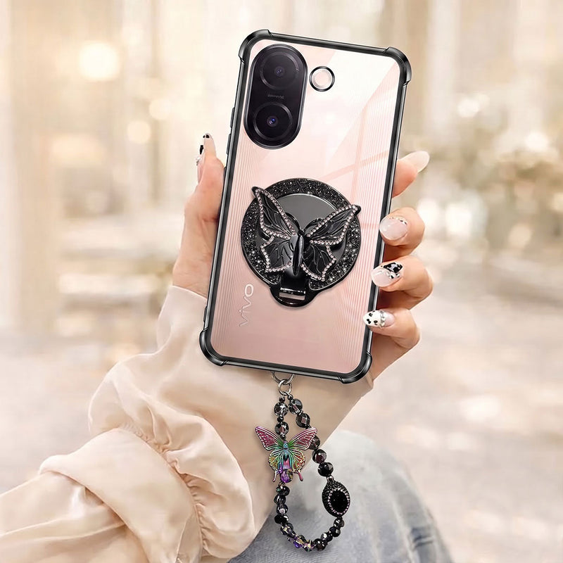 Vivo V60e 5G Transparent Airbag Butterfly Stand Case with Charm Strap