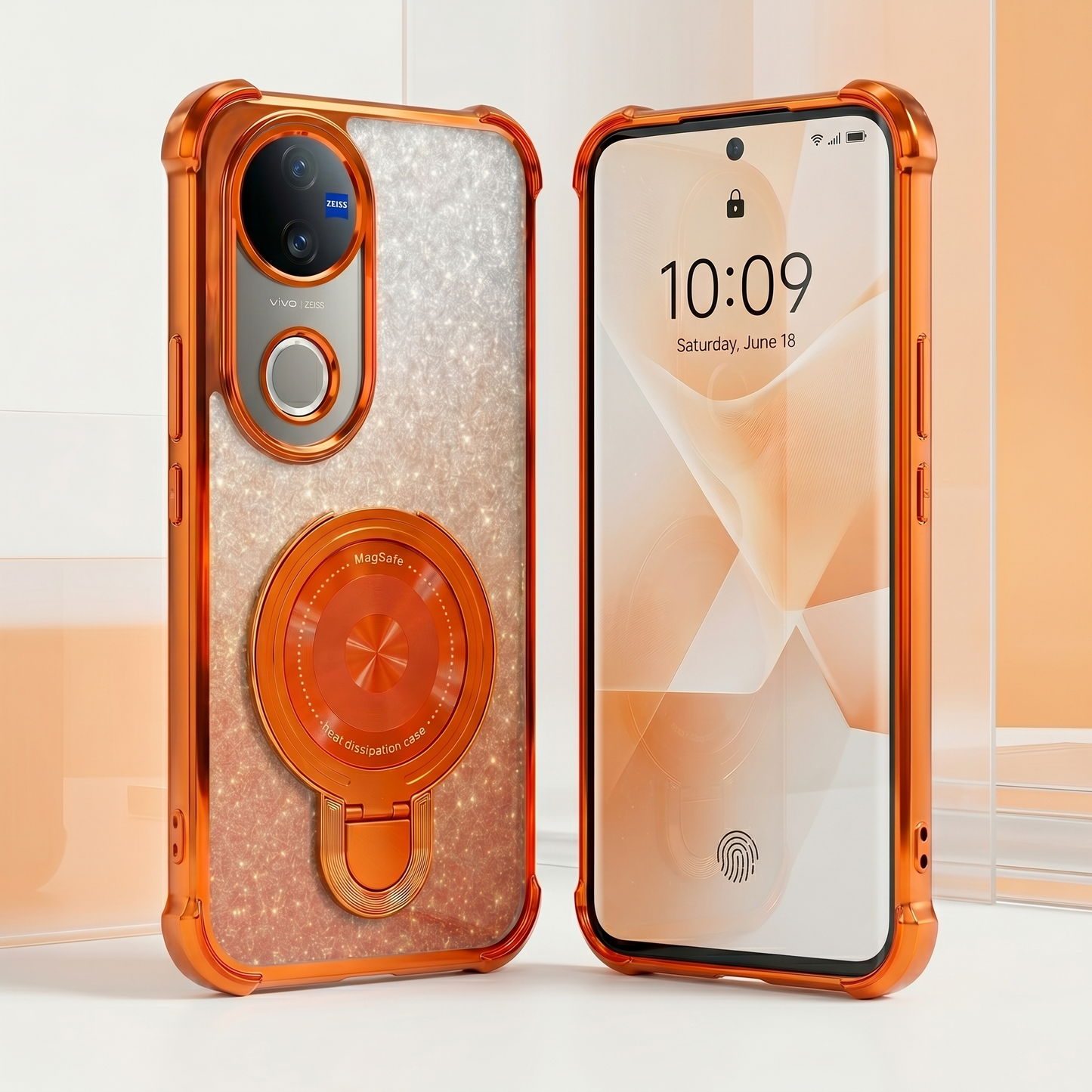 Vivo V50 5G Invincible Bracket Ring Stand Shimmer Airbag Cosmic Orange Case