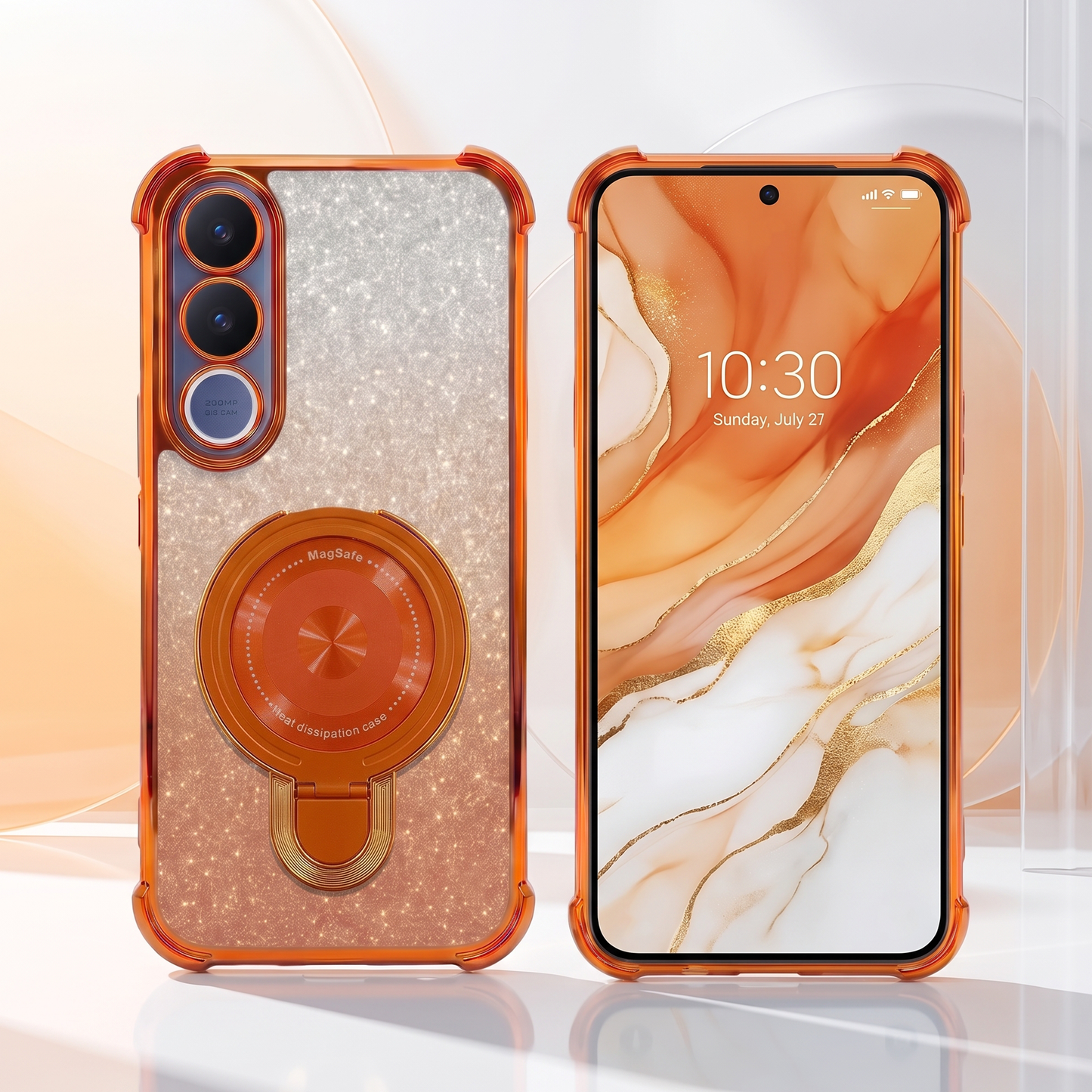 Vivo V70 FE 5G Invincible Bracket Ring Stand Shimmer Airbag Cosmic Orange Case
