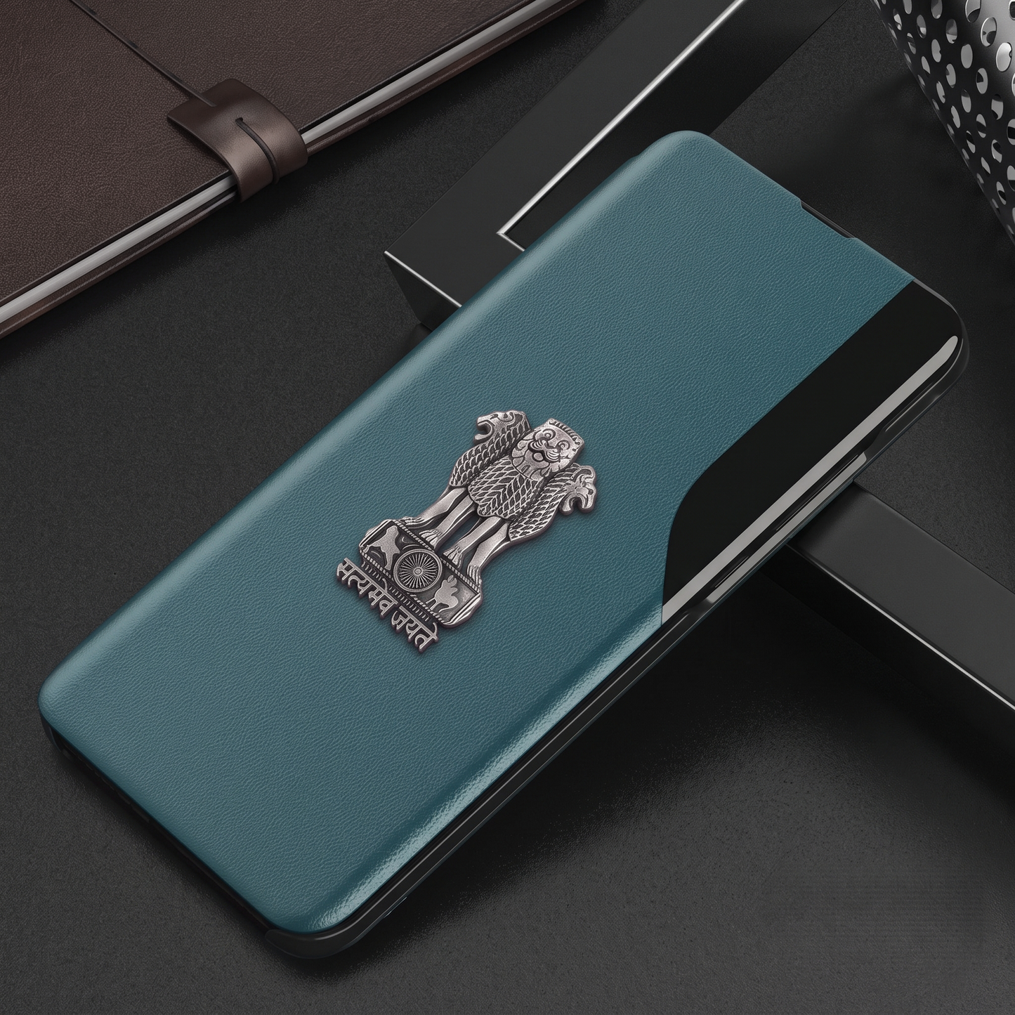 Vivo Y200 Pro 5G Metal Emblem Satyamev Jayate Half Window Leather Flip Case