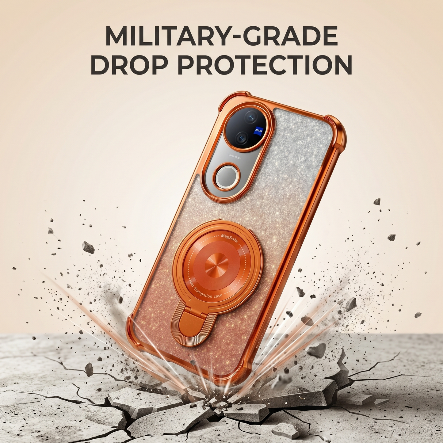 Vivo V50 5G Invincible Bracket Ring Stand Shimmer Airbag Cosmic Orange Case