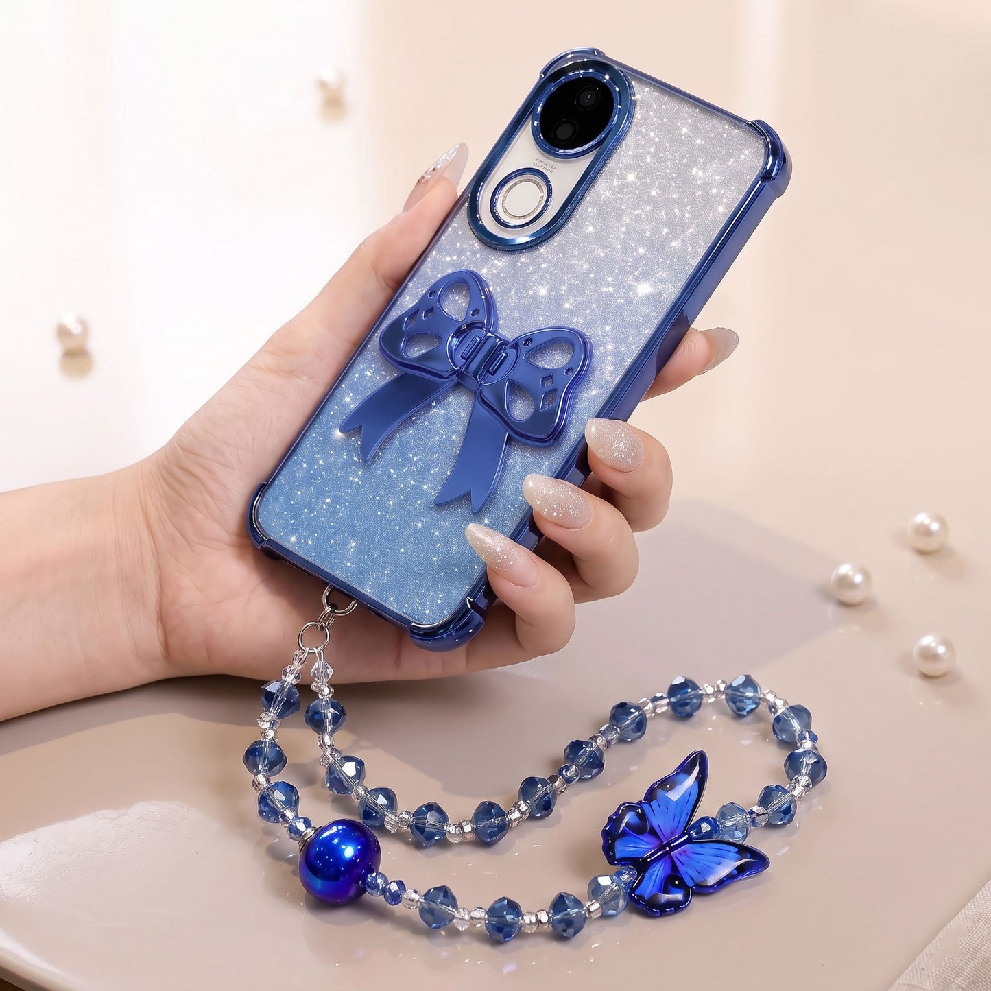 Vivo V50 5G Luxury Shimmer Airbag Bow Stand Case with Charm Strap