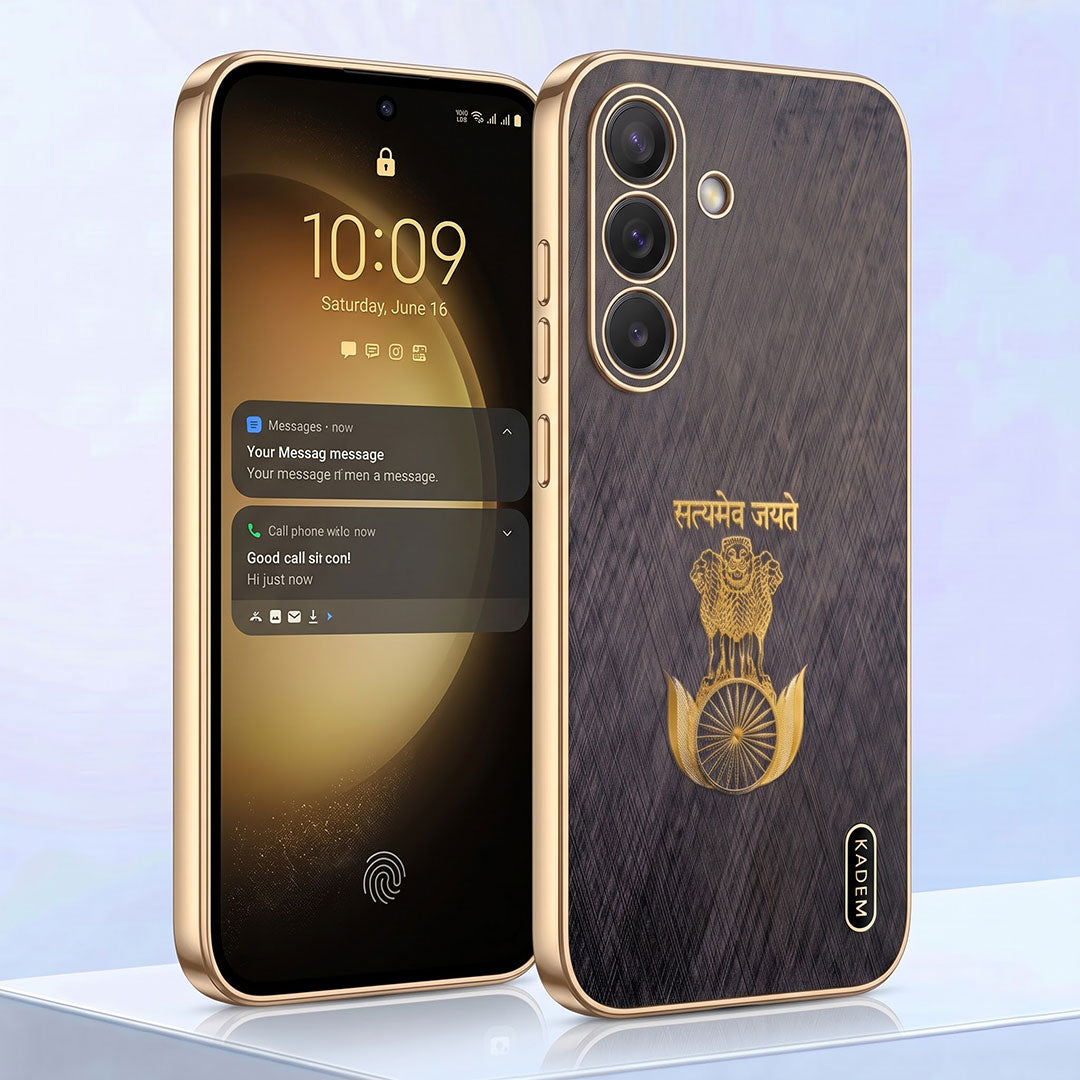 Samsung Galaxy A37 5G Satyamev Jayate 3D Electroplated Frame Gold Thread Pattern Hard Back Case