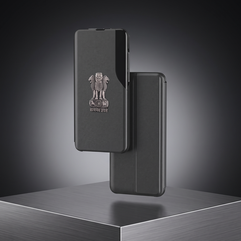 Oppo A3 Pro 5G Metal Emblem Satyamev Jayate Half Window Leather Flip Case