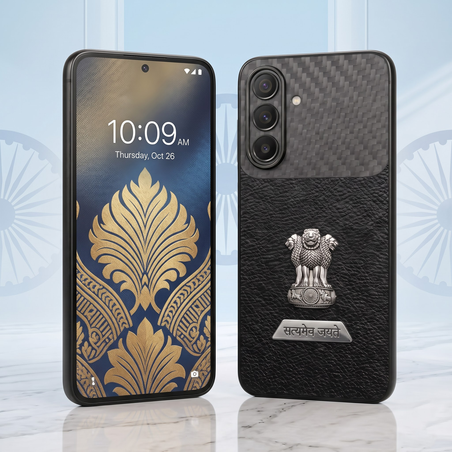 Samsung Galaxy A57 5G Satyamev Jayate 2-in-1 Emblem Carbon Fiber Leather Phone Case