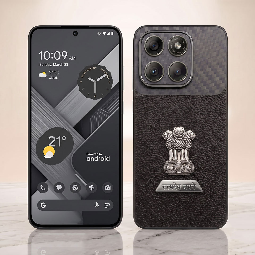 Motorola Edge 70 5G Satyamev Jayate 2-in-1 Emblem Carbon Fiber Leather Phone Case