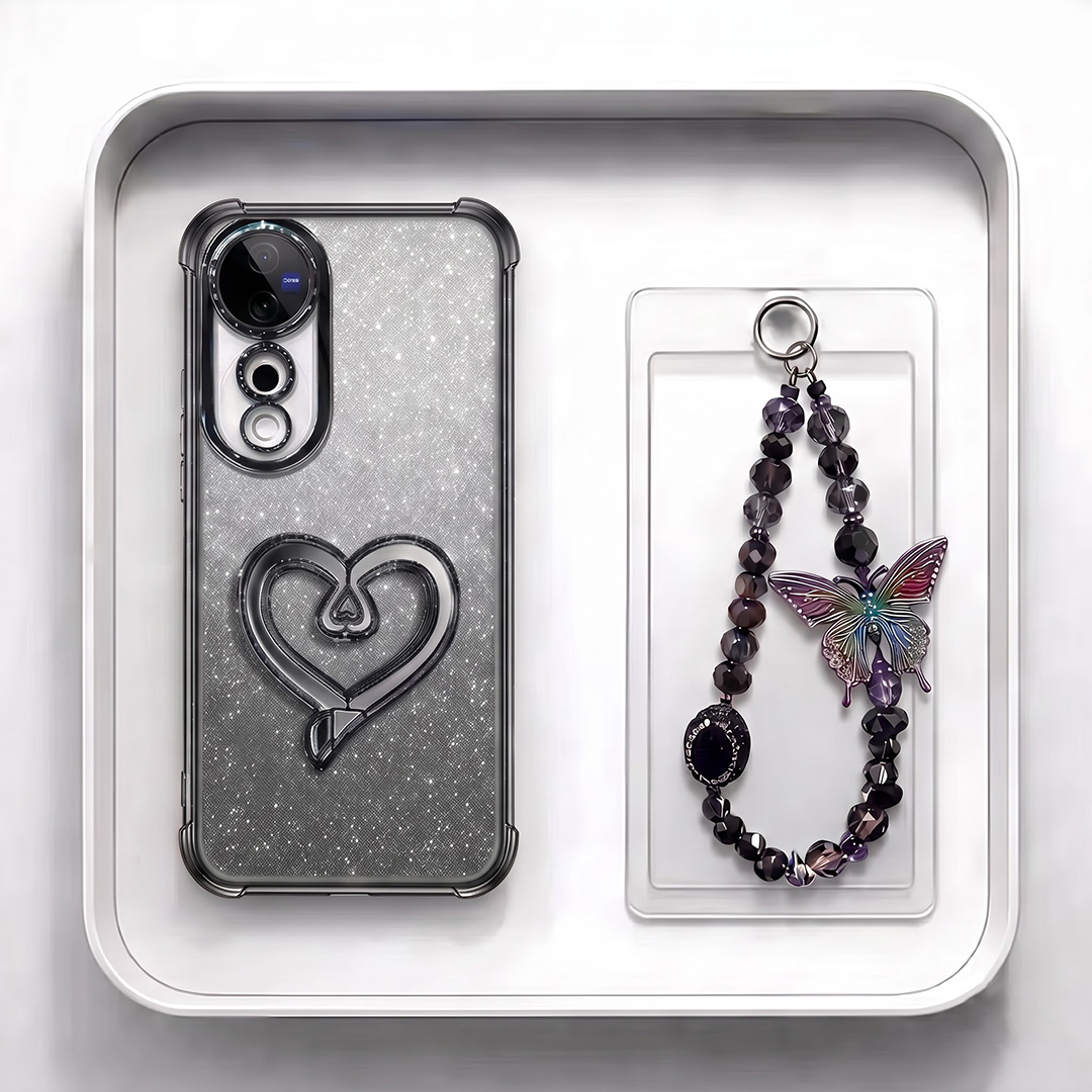 Vivo V40 Pro 5G Luxury Shimmer Airbag Heart Stand Case with Charm Strap