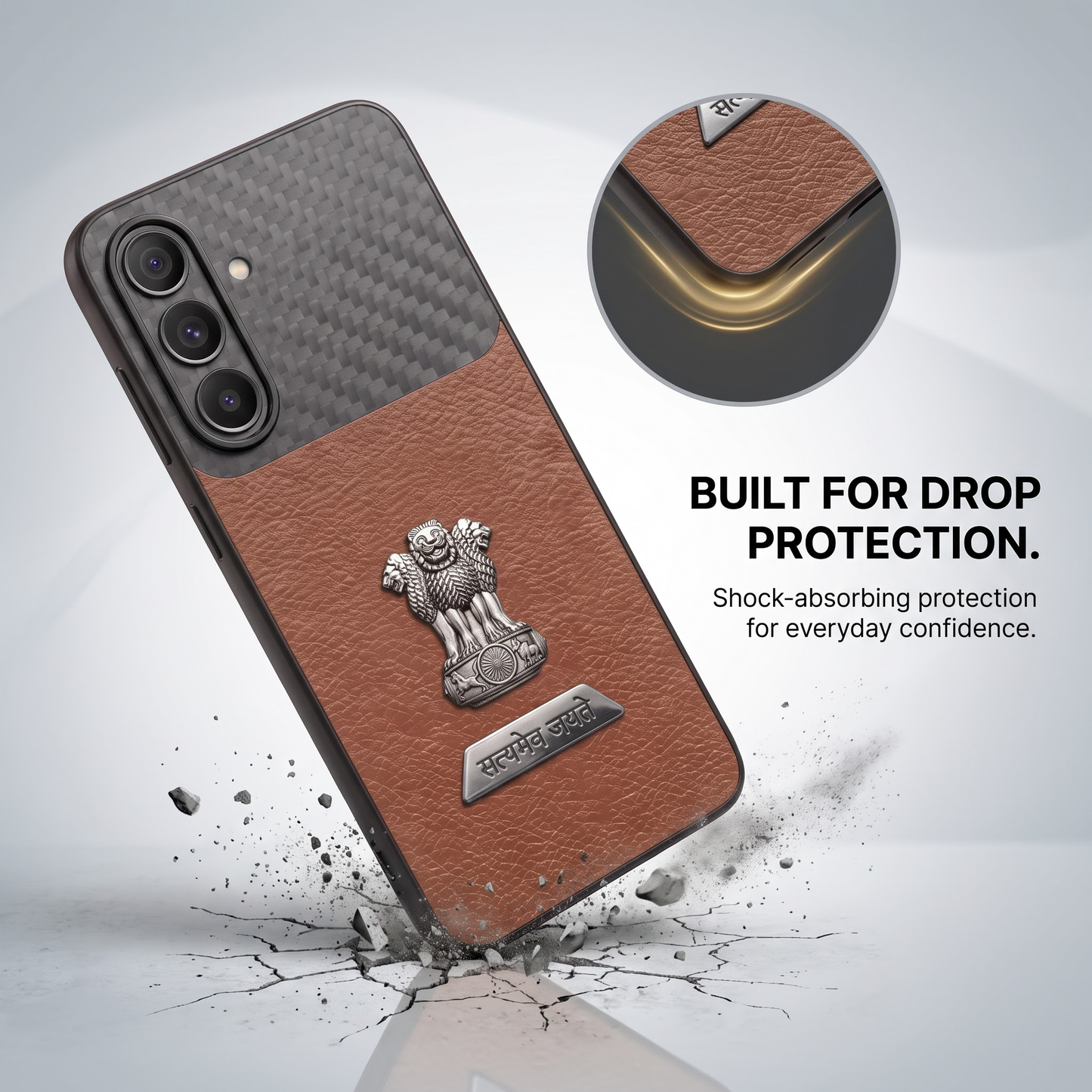Samsung Galaxy A37 5G Satyamev Jayate 2-in-1 Emblem Carbon Fiber Leather Phone Case