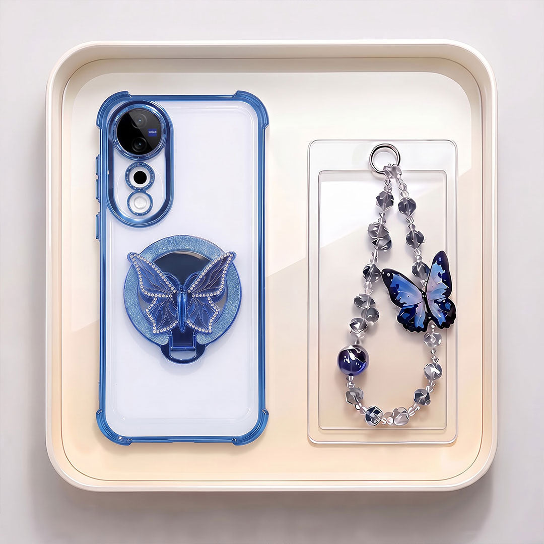 Vivo V40 Pro 5G Transparent Airbag Butterfly Stand Case with Charm Strap