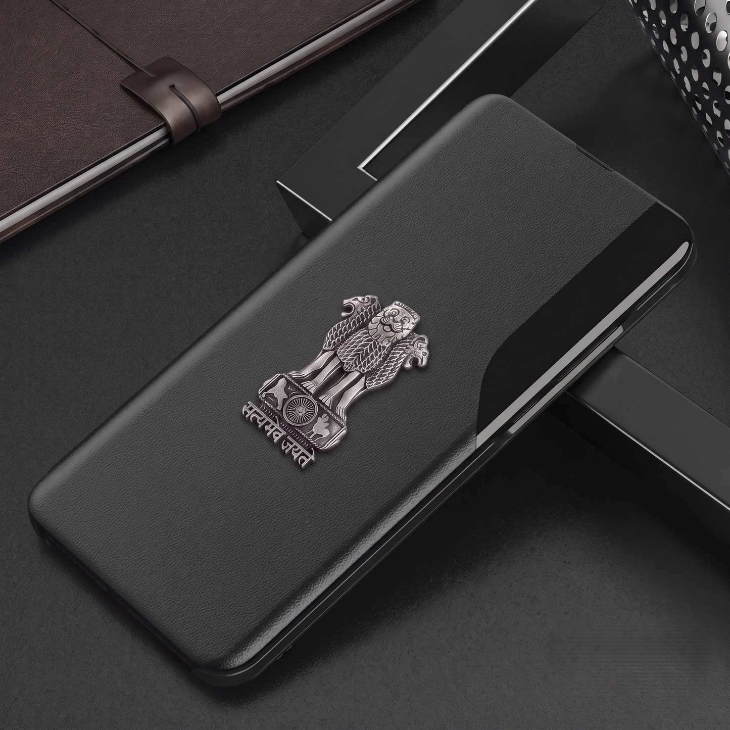 Vivo Y28 5G Metal Emblem Satyamev Jayate Half Window Leather Flip Case