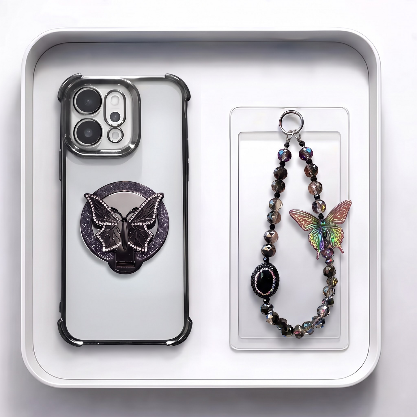 Oppo Reno 14 5G Transparent Airbag Butterfly Stand Case with Charm Strap
