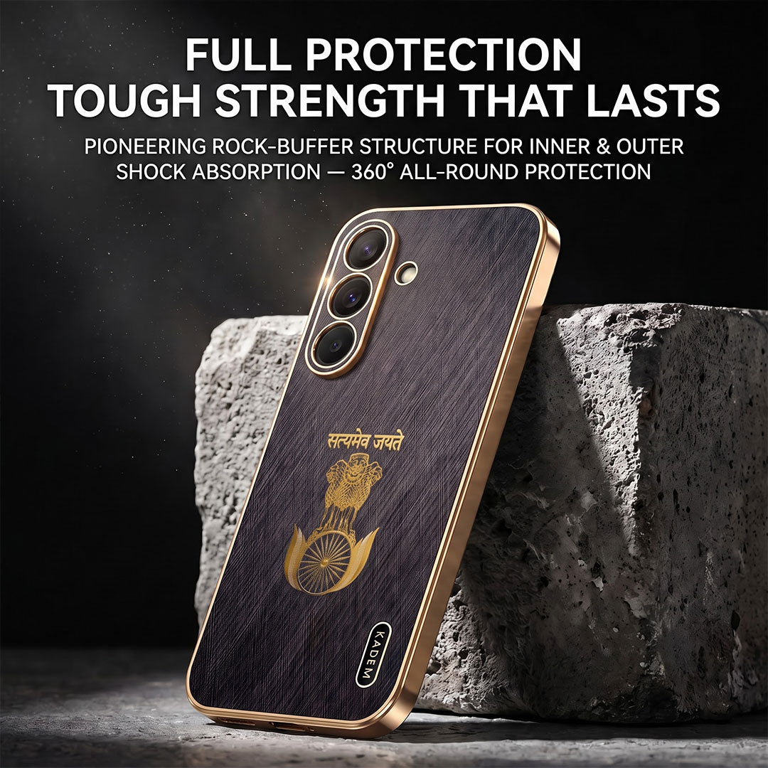 Samsung Galaxy A27 5G Satyamev Jayate 3D Electroplated Frame Gold Thread Pattern Hard Back Case