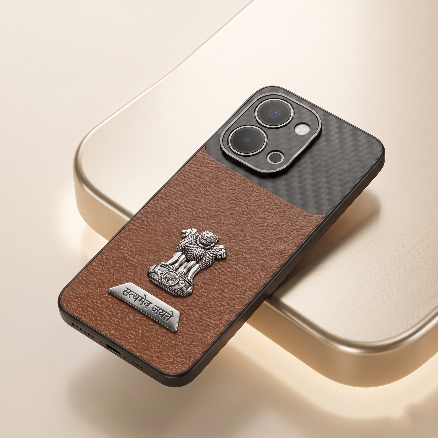 Vivo T5x 5G Satyamev Jayate 2-in-1 Emblem Carbon Fiber Leather Phone Case