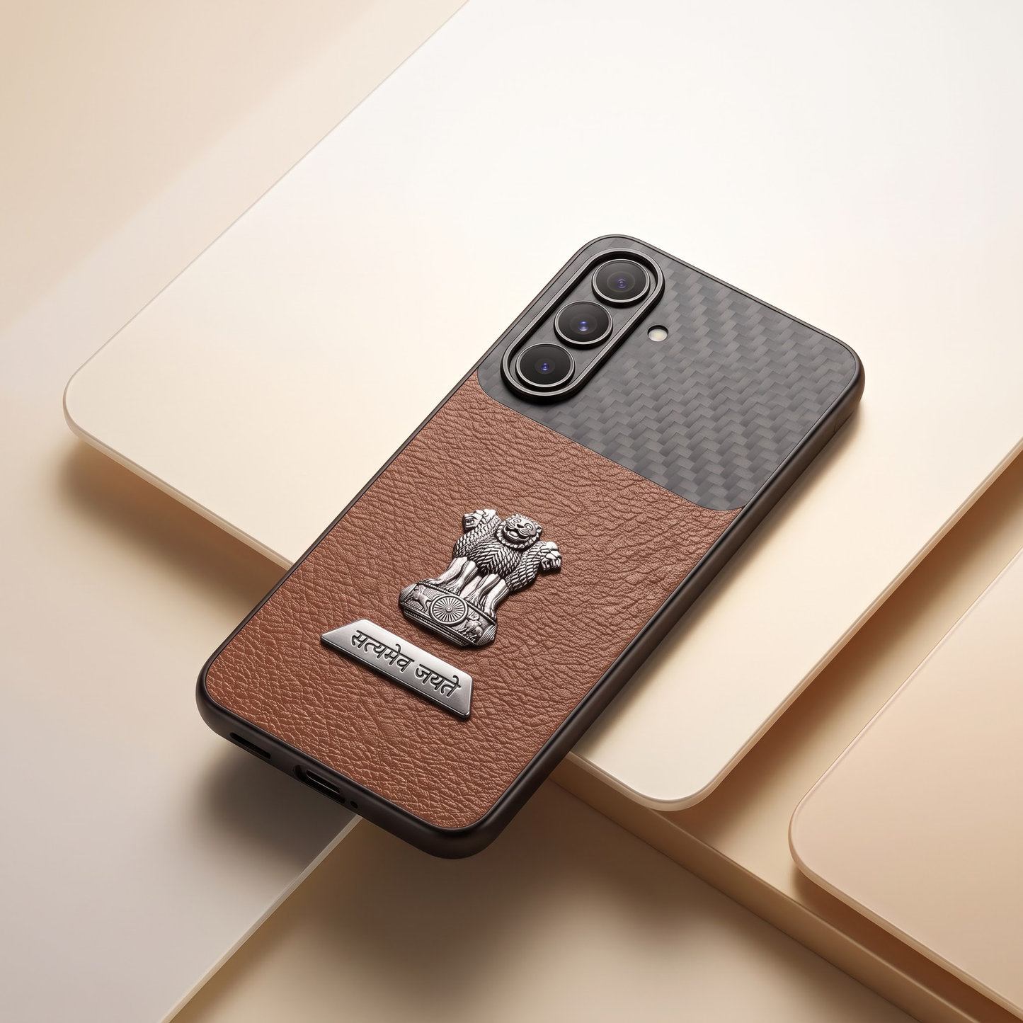 Samsung Galaxy A37 5G Satyamev Jayate 2-in-1 Emblem Carbon Fiber Leather Phone Case