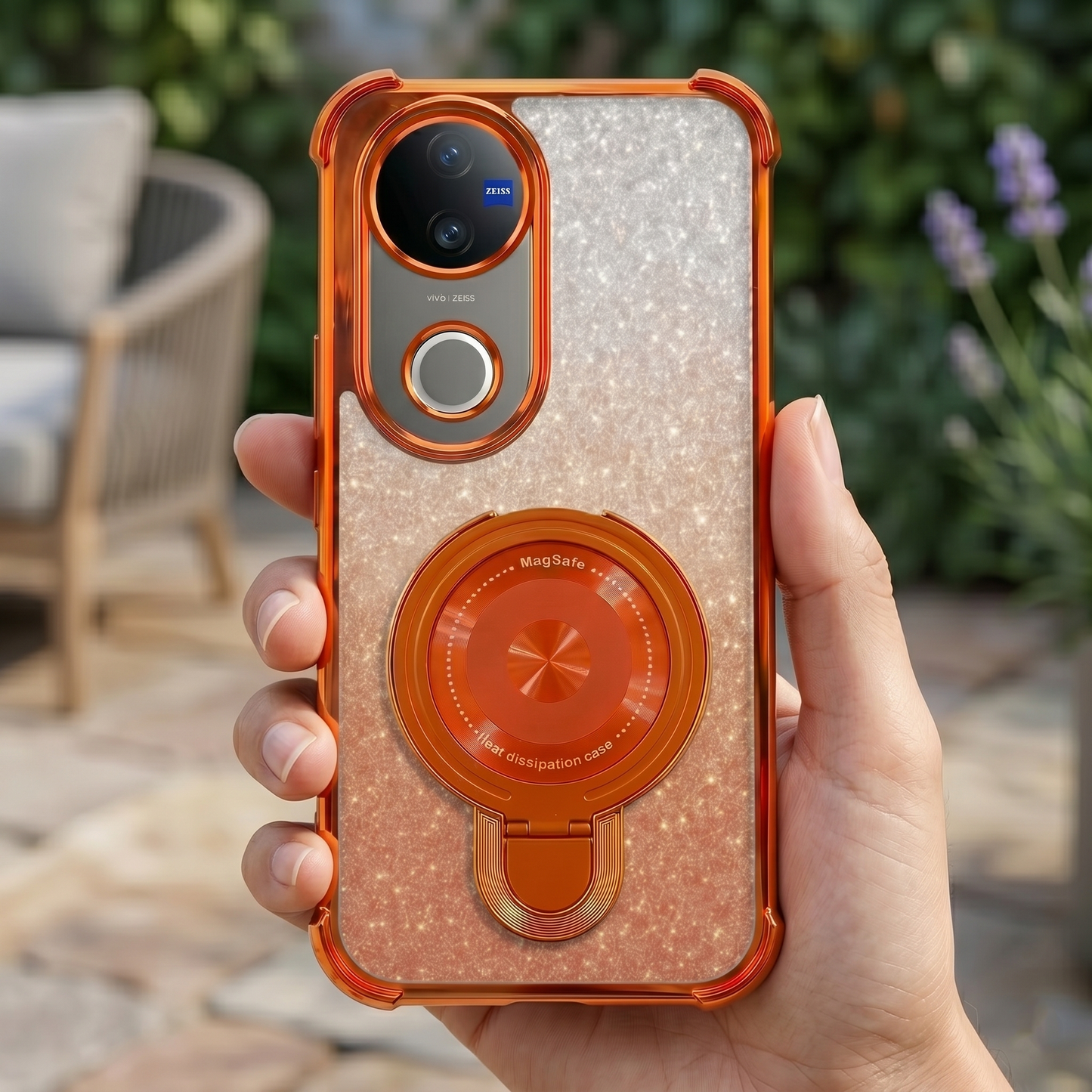 Vivo V50 5G Invincible Bracket Ring Stand Shimmer Airbag Cosmic Orange Case