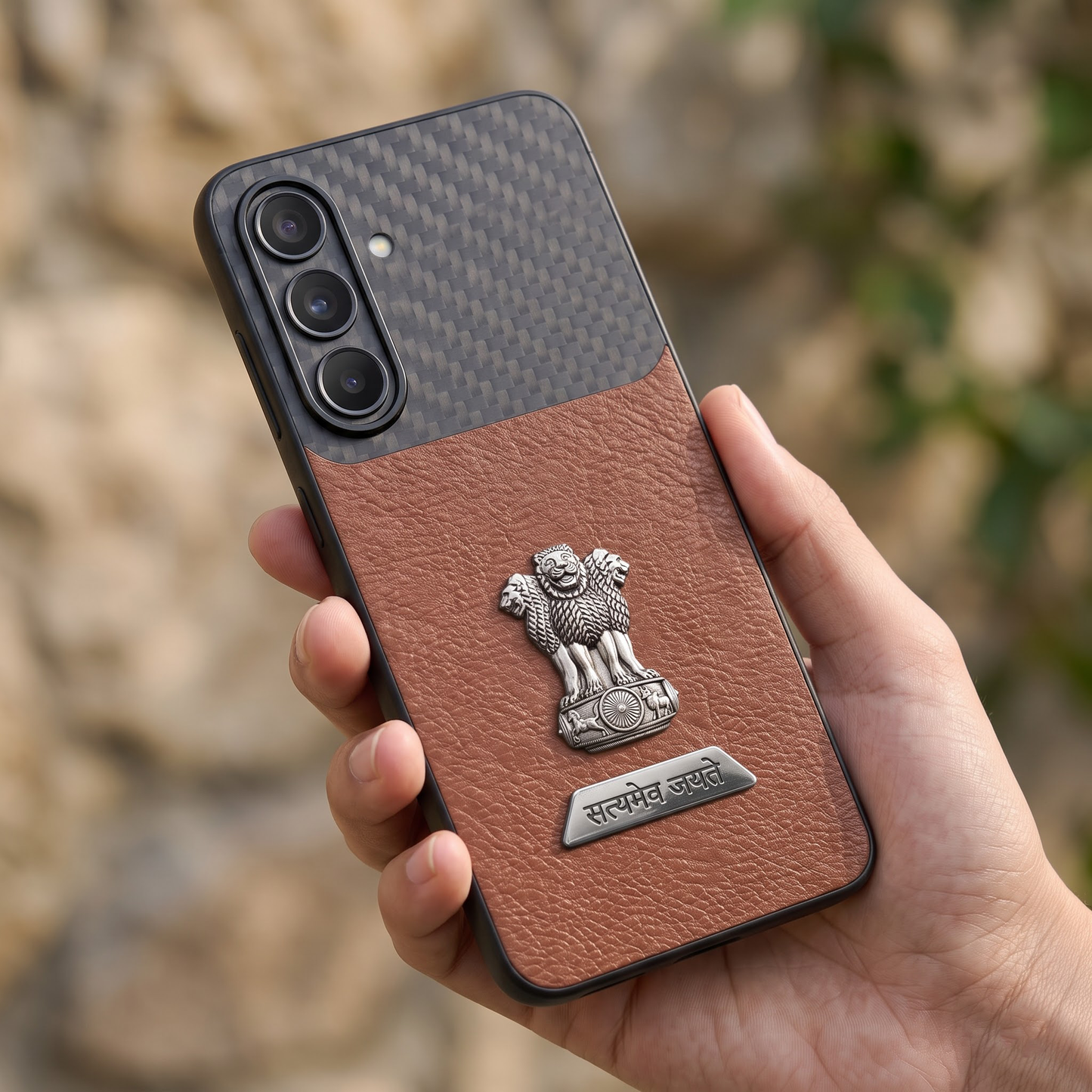 Samsung Galaxy A37 5G Satyamev Jayate 2-in-1 Emblem Carbon Fiber Leather Phone Case