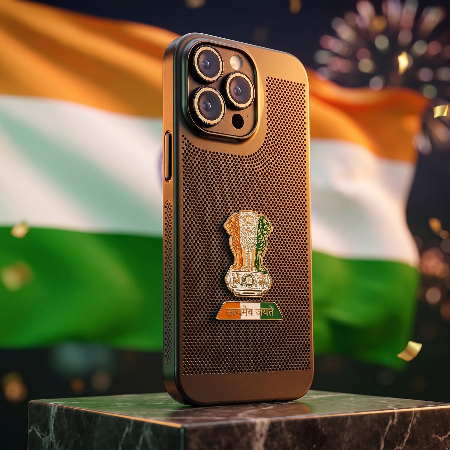 iPhone 15 Pro Max 5G Tri-Color Satyamev Jayate Mesh Electroplated Heat Dissipation Case