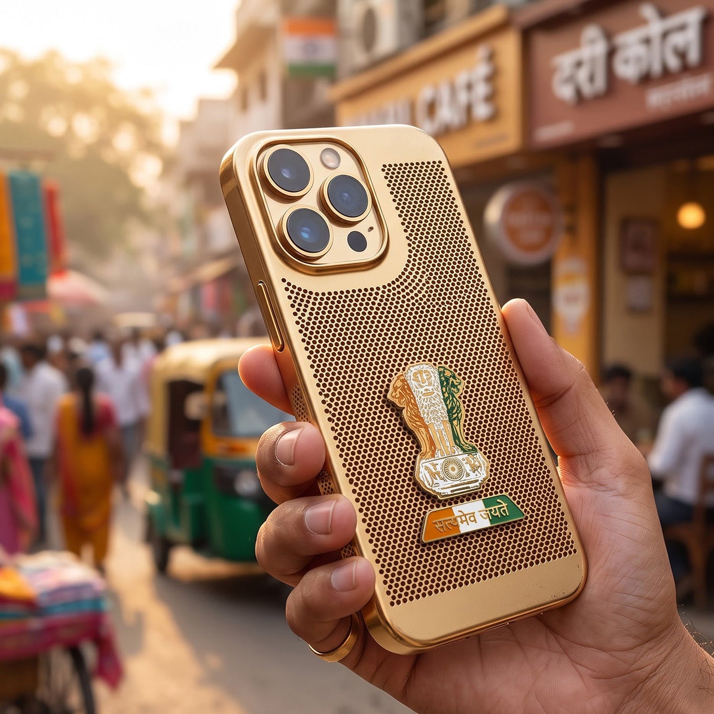 iPhone 16 Pro Max 5G Tri-Color Satyamev Jayate Mesh Electroplated Heat Dissipation Case