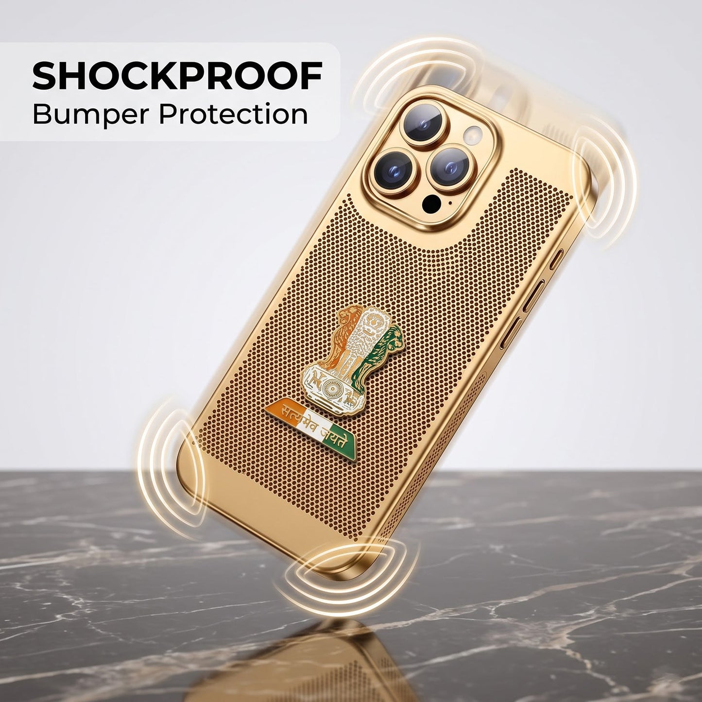 iPhone 15 Pro Max 5G Tri-Color Satyamev Jayate Mesh Electroplated Heat Dissipation Case