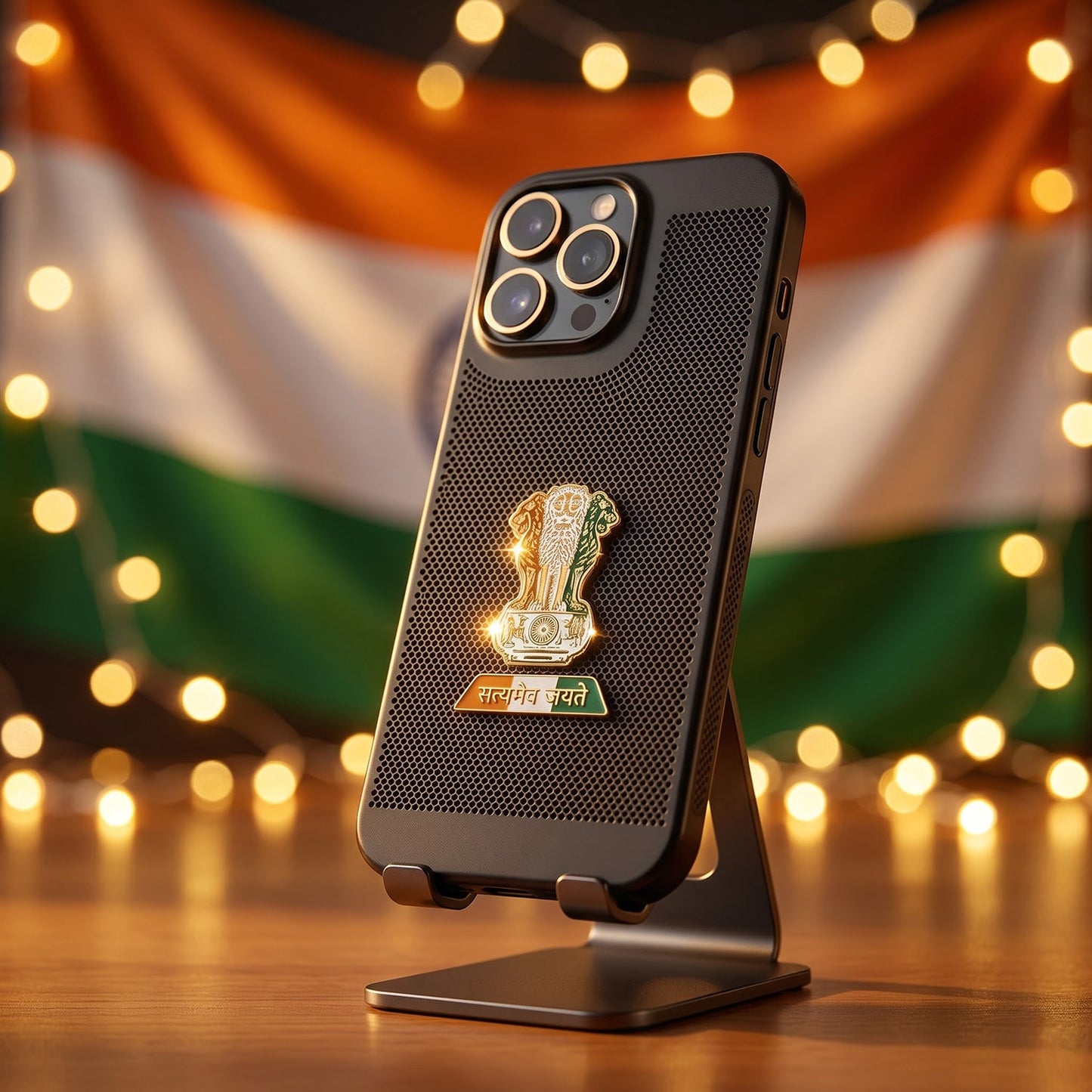 iPhone 14 Pro Max 5G Tri-Color Satyamev Jayate Mesh Electroplated Heat Dissipation Case