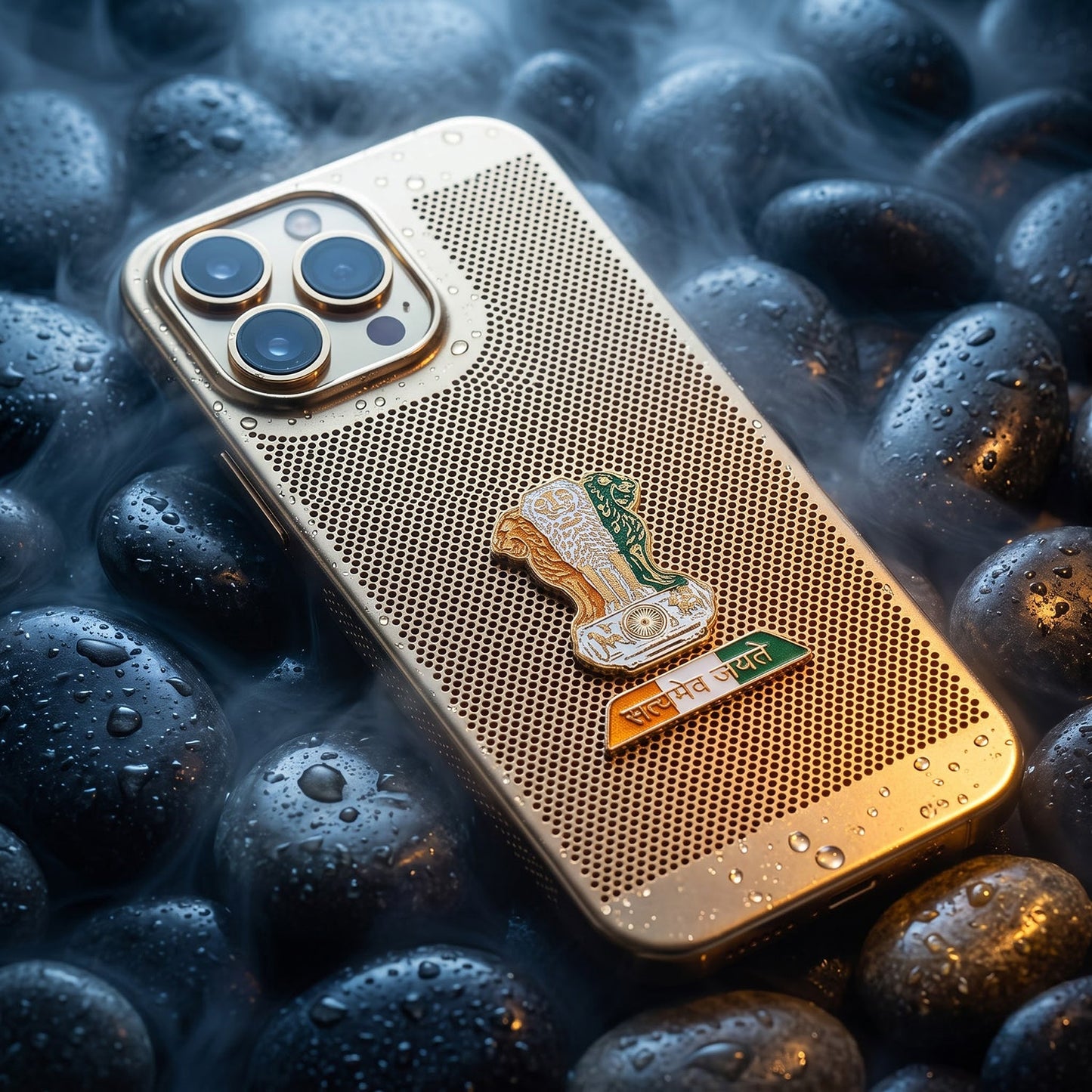 iPhone 15 Pro Max 5G Tri-Color Satyamev Jayate Mesh Electroplated Heat Dissipation Case