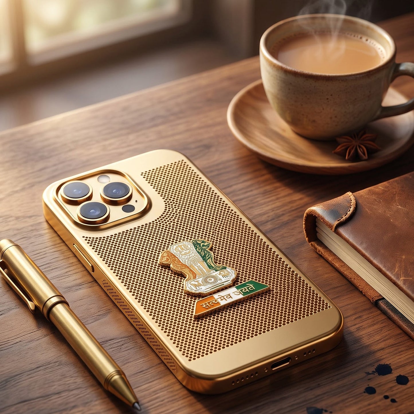 iPhone 16 Pro Max 5G Tri-Color Satyamev Jayate Mesh Electroplated Heat Dissipation Case
