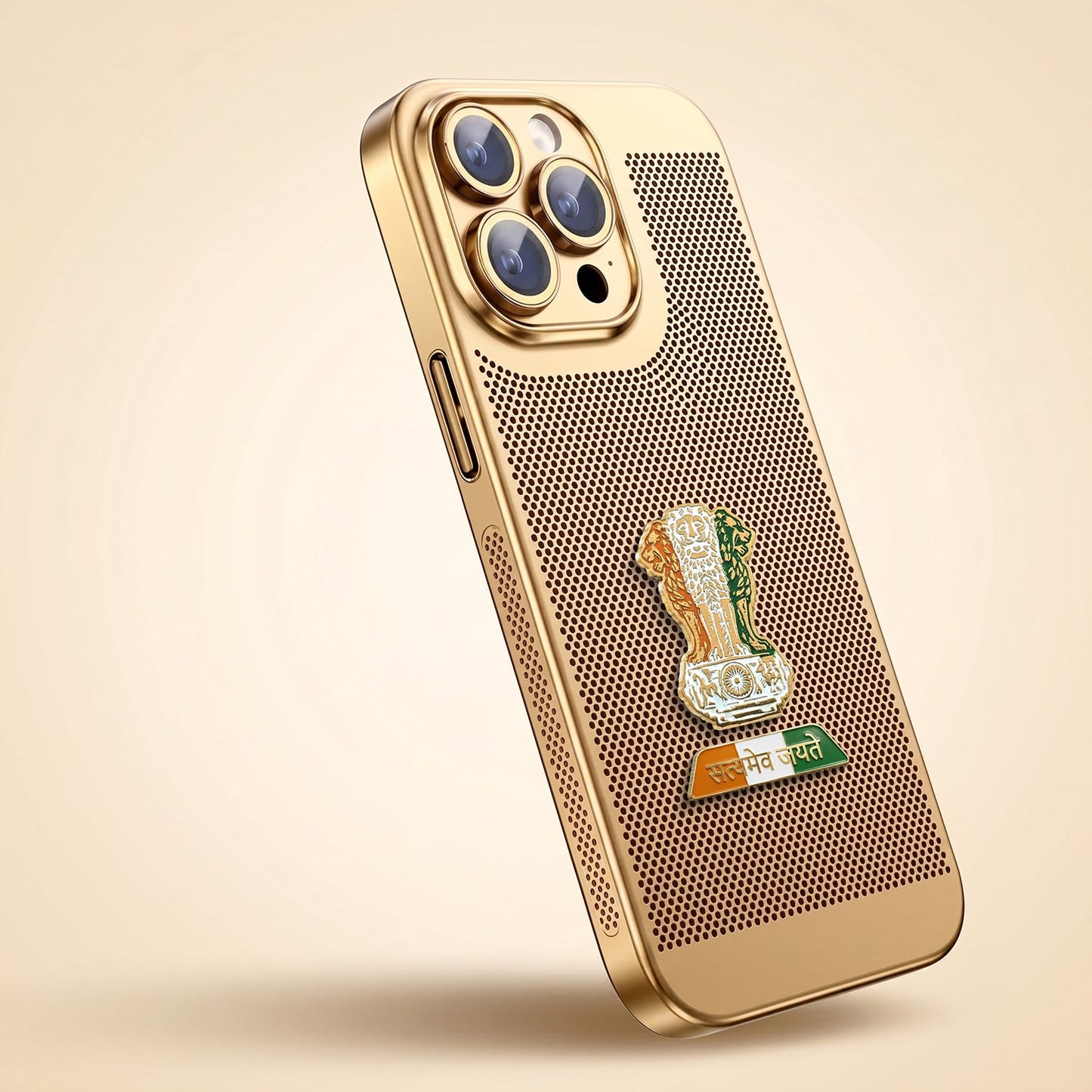 iPhone 16 Pro 5G Tri-Color Satyamev Jayate Mesh Electroplated Heat Dissipation Case