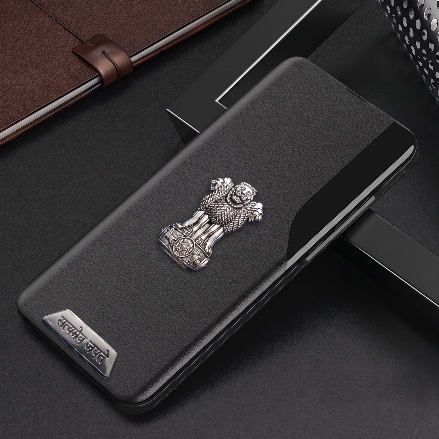 Oppo A3 Pro 5G Metal Satyamev Jayate 2-in-1 Emblem Half-Window Leather Flip Case