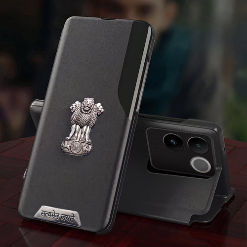 Vivo T2 Pro 5G Metal Satyamev Jayate 2-in-1 Emblem Half-Window Leather Flip Case