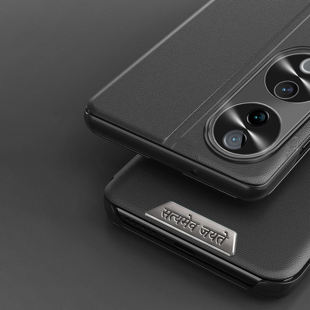 Vivo V40 Pro 5G Metal Satyamev Jayate 2-in-1 Emblem Half-Window Leather Flip Case