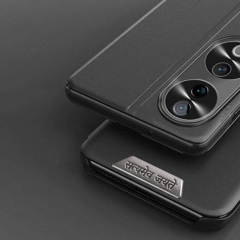 Vivo V40 Pro 5G Metal Satyamev Jayate 2-in-1 Emblem Half-Window Leather Flip Case
