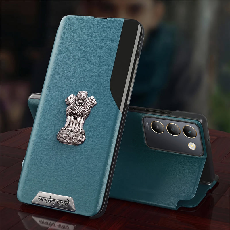 Vivo Y200e 5G Metal Satyamev Jayate 2-in-1 Emblem Half-Window Leather Flip Case