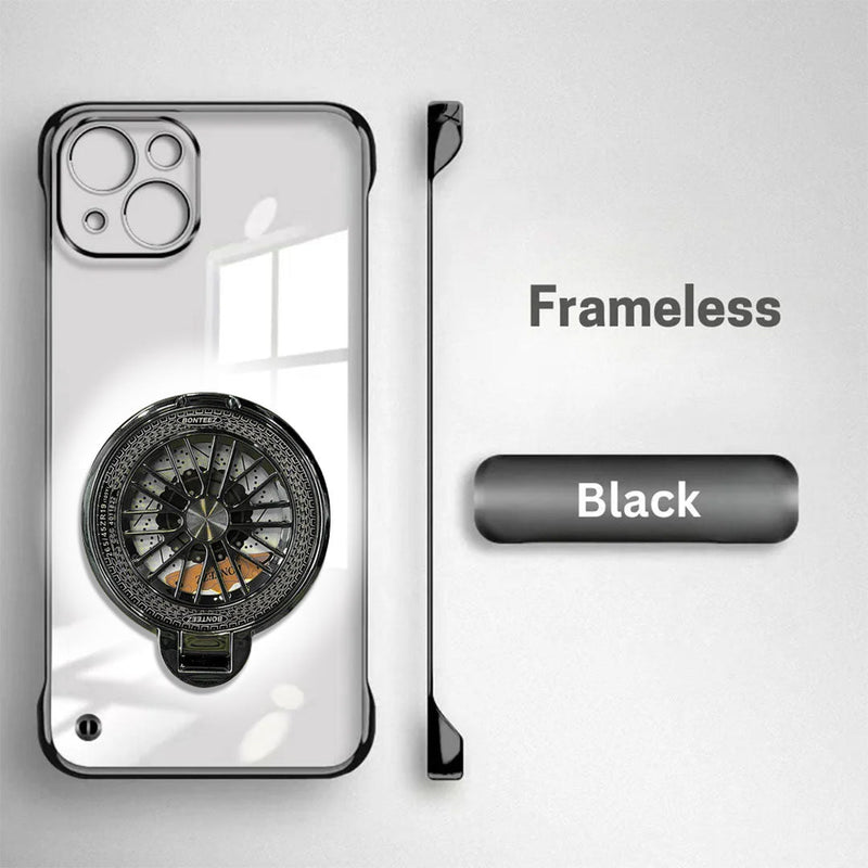 iPhone 15 Plus Black frameless phone case with a detailed design on a white background
