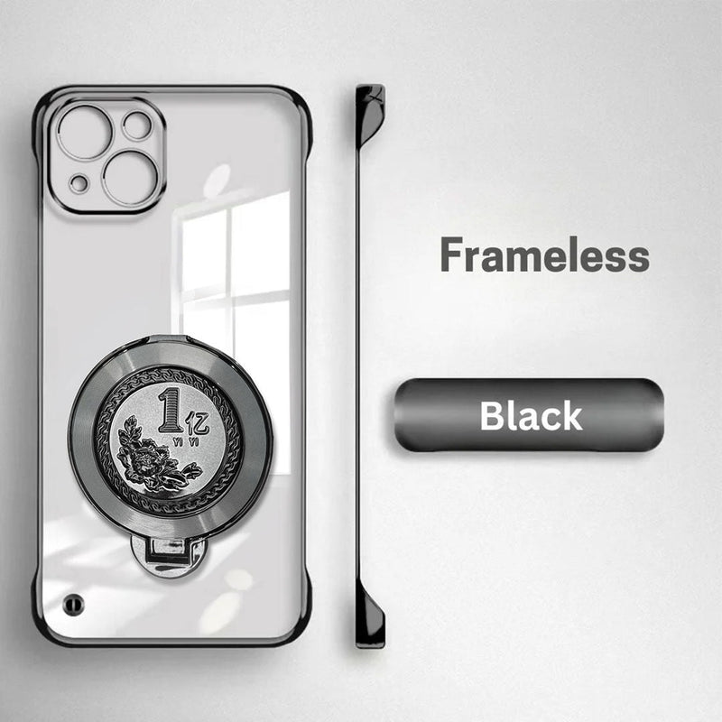 iPhone 15 Plus Phone case with ring holder and 'Frameless Black' label on a light gray background